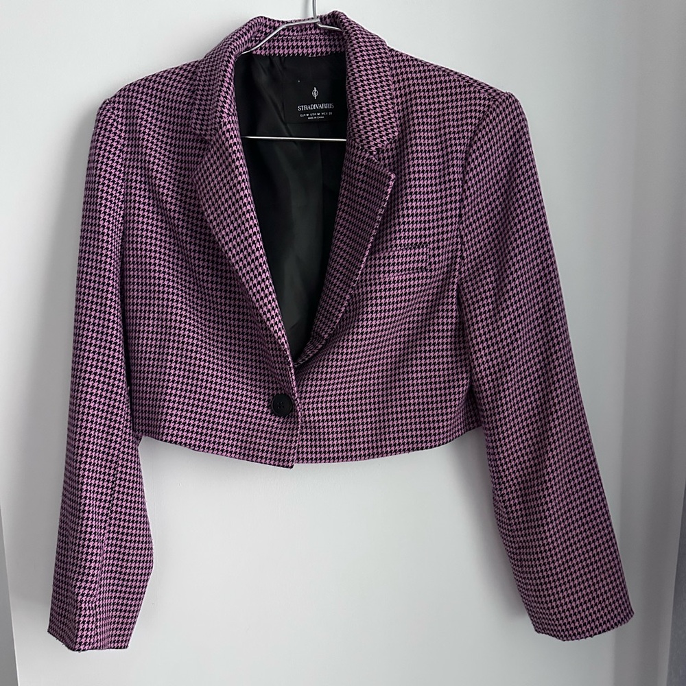 Stradivarius Cropped Houndstooth Blazer - Purple & Black